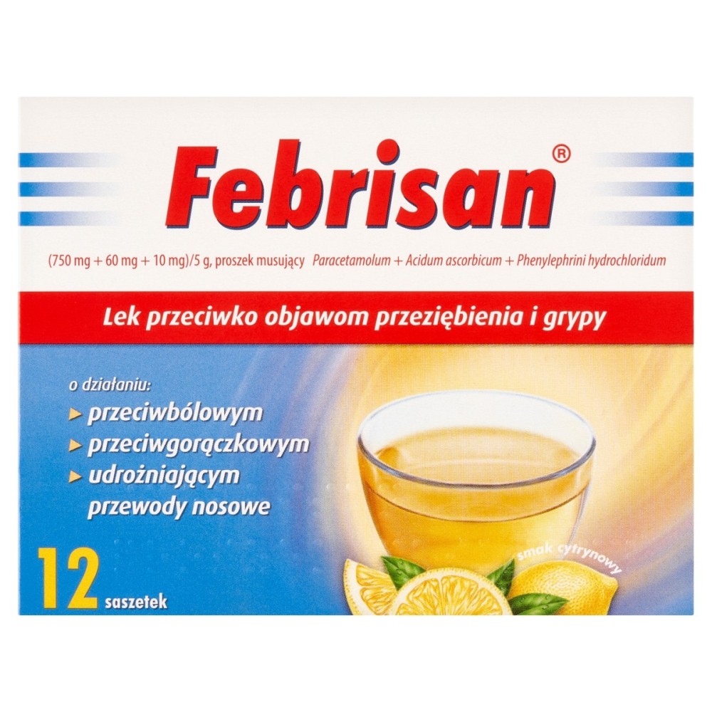 Febrisan 750 mg + 60 mg + 10 mg Drug against cold and flu symptoms lemon flavor 12 pieces