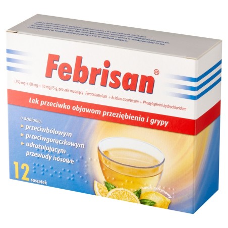 Febrisan 750 mg + 60 mg + 10 mg arôme citron médicament contre les symptômes du rhume et de la grippe 12 unités