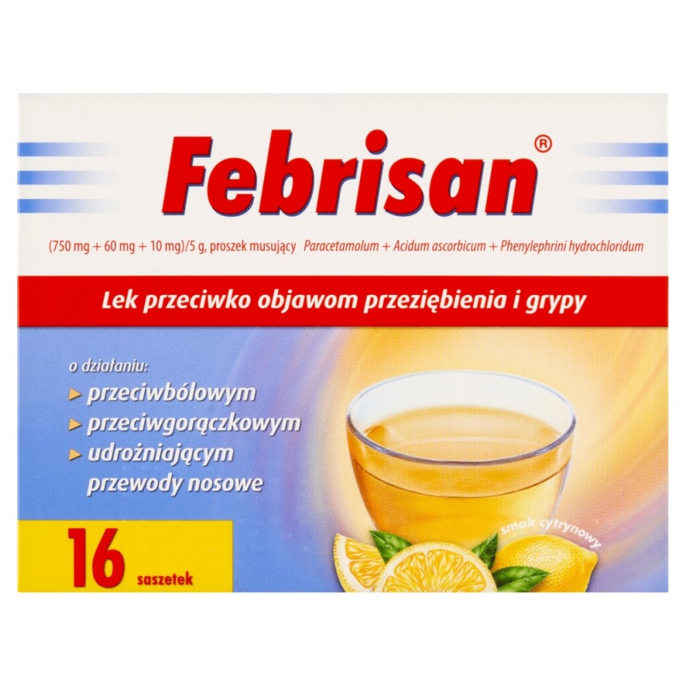 Febrisan 750 mg + 60 mg + 10 mg arôme citron remède contre les symptômes du rhume et de la grippe 16 unités