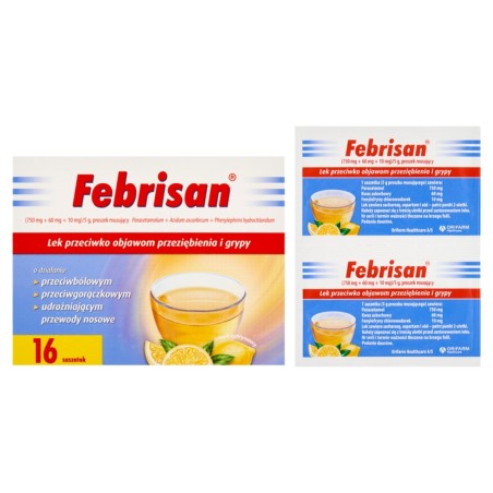 Febrisan 750 mg + 60 mg + 10 mg Remedio para los síntomas de la gripe y el resfriado sabor limón 16 unidades