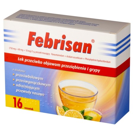 Febrisan 750 mg + 60 mg + 10 mg Lek przeciwko objawom przeziębienia i grypy smak cytrynowy 16 sztuk