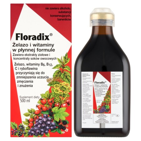 Floradix Żelazo i witaminy w płynnej formule suplement diety 500 ml