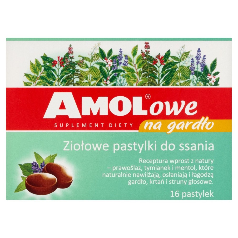 Amol Amolowe Integratore alimentare per la gola, pastiglie alle erbe 56 g (16 pezzi)