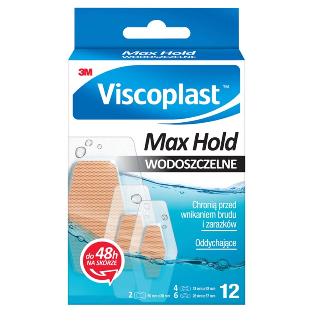 Viscoplast Max Hold Waterproof plasters, set of 3 sizes, 12 pieces