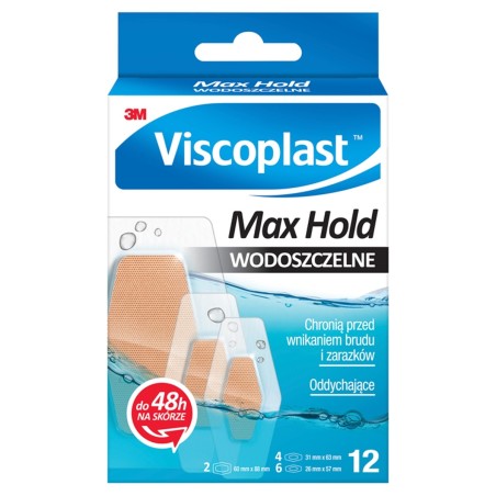 Viscoplast Max Hold Waterproof plasters, set of 3 sizes, 12 pieces