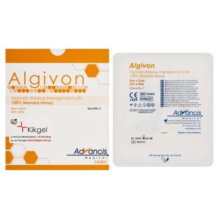 Algivon Alginate dressing soaked in 100% Manuka honey 5 cm x 5 cm