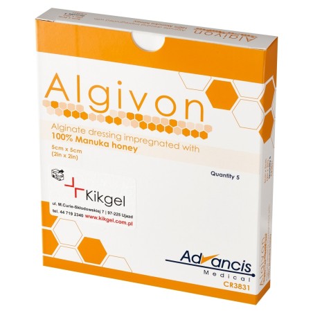 Algivon Alginate dressing soaked in 100% Manuka honey 5 cm x 5 cm