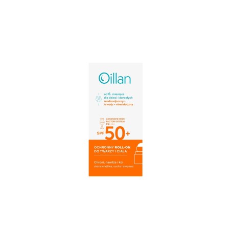 Oillan Ochronny roll-on przeciwsłoneczny do twarzy i ciała z filtrem SPF50 do skóry wrażliwej 50 ml