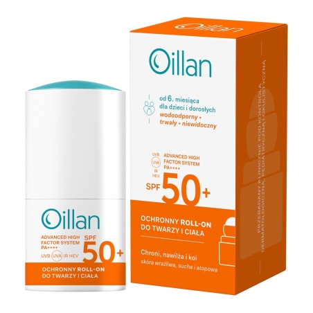 Oillan Ochronny roll-on przeciwsłoneczny do twarzy i ciała z filtrem SPF50 do skóry wrażliwej 50 ml