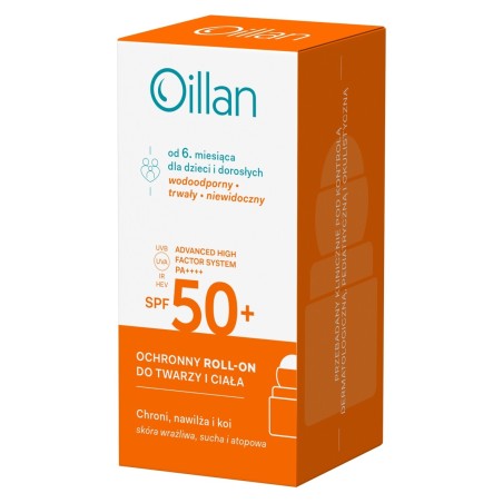 Oillan Crème solaire protectrice roll-on visage et corps avec filtre SPF50 pour peaux sensibles 50 ml