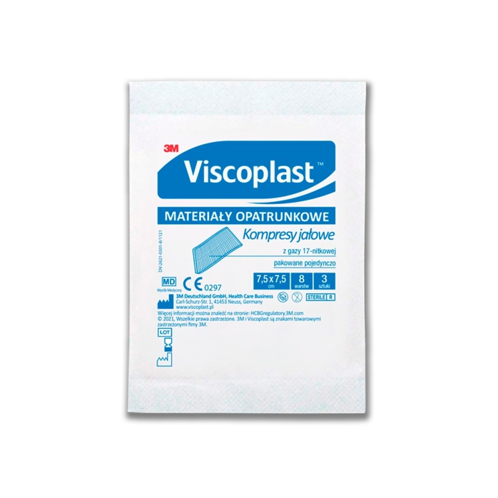 Viscoplast Sterile gauze compresses made of cotton gauze, 17-thread, 8 layers, 7.5 cm x 7.5 cm, 3 pieces