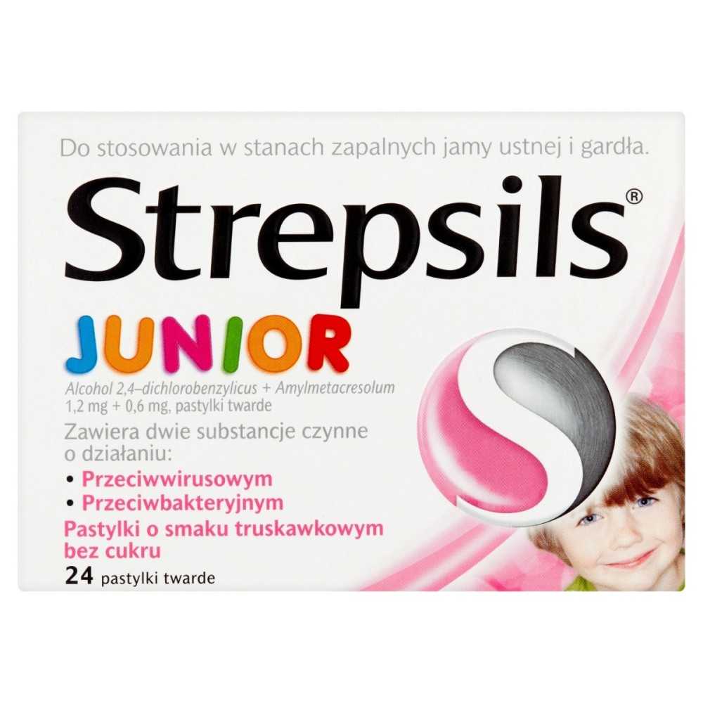 Strepsils Junior Lutschtabletten mit Erdbeergeschmack ohne Zucker, 24 Stück