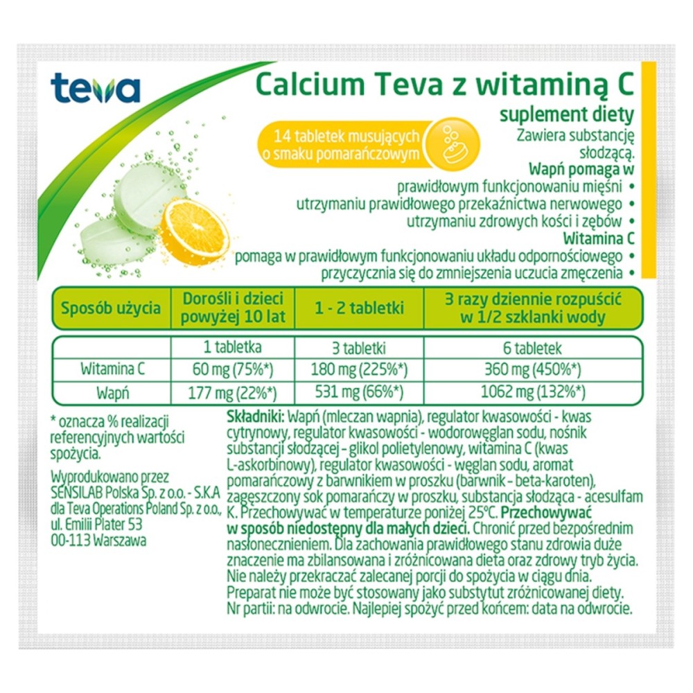 Calcium-Nahrungsergänzungsmittel mit Vitamin C, Orangengeschmack, 14 Stück
