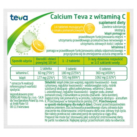 Complément alimentaire de calcium avec vitamine C, saveur orange, 14 pièces