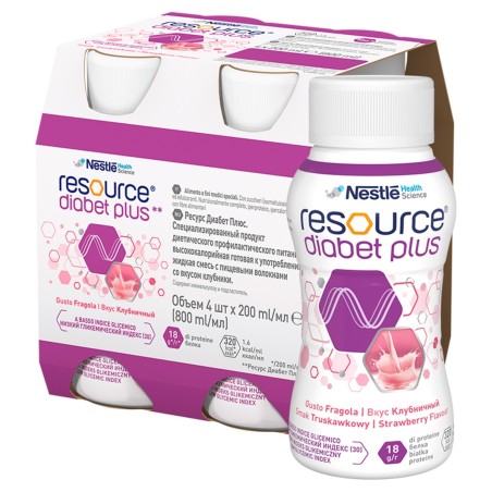 Nestlé Resource Diabet Plus Liquid nutritional supplement, strawberry flavor, 800 ml (4 x 200 ml)