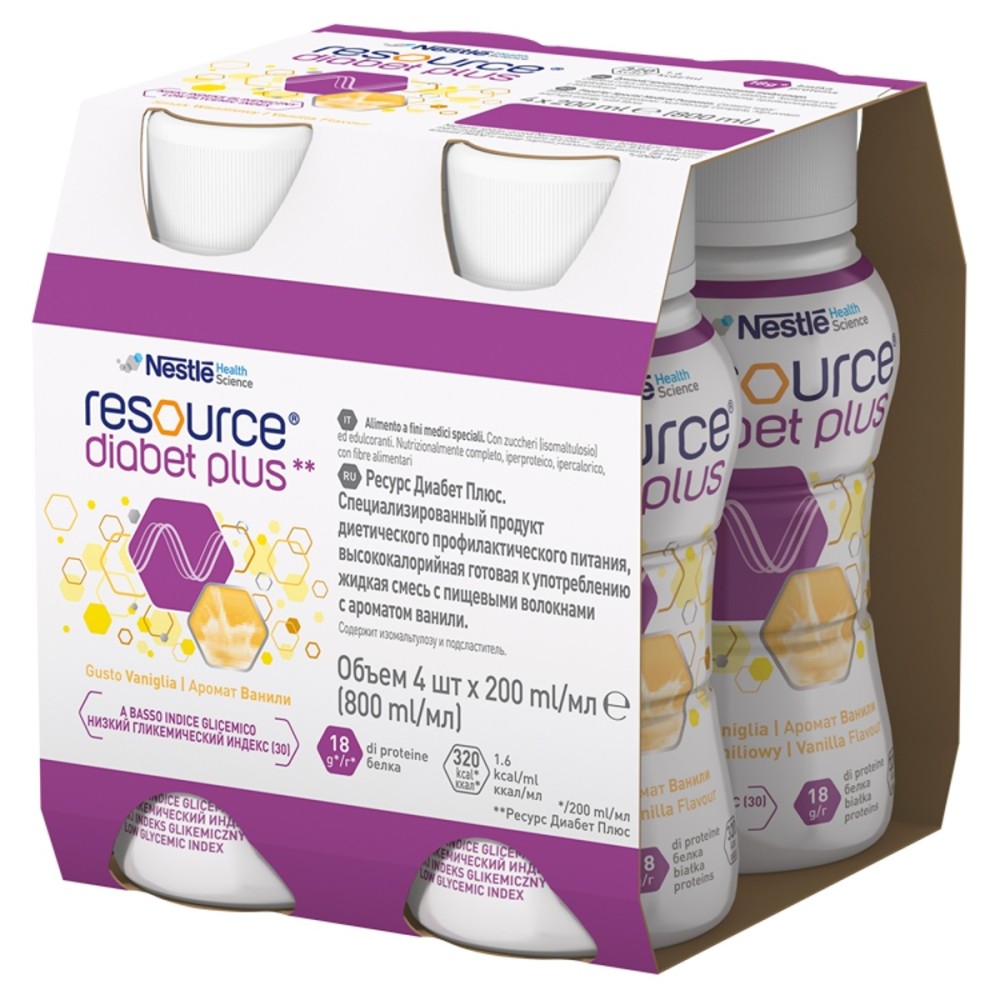 Nestlé Resource Diabet Plus Liquid nutritional preparation, vanilla flavor 800 ml (4 x 200 ml)