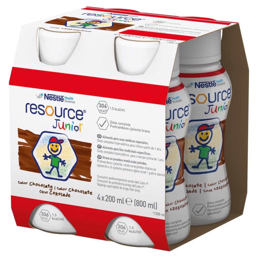 Nestlé Resource Junior Préparation nutritionnelle liquide pour enfants, saveur chocolat 800 ml (4 x 200 ml)