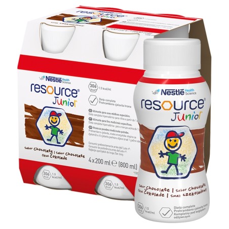 Nestlé Resource Junior Preparat odżywczy w płynie dla dzieci smak czekoladowy 800 ml (4 x 200 ml)