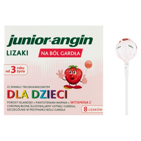 Junior-angin Medical device, strawberry flavor lollipops for sore throat, 8 pieces