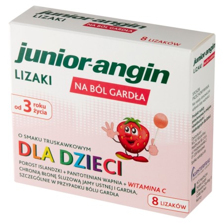 Junior-angin Medizinprodukt, Lutscher mit Erdbeergeschmack gegen Halsschmerzen, 8 Stück
