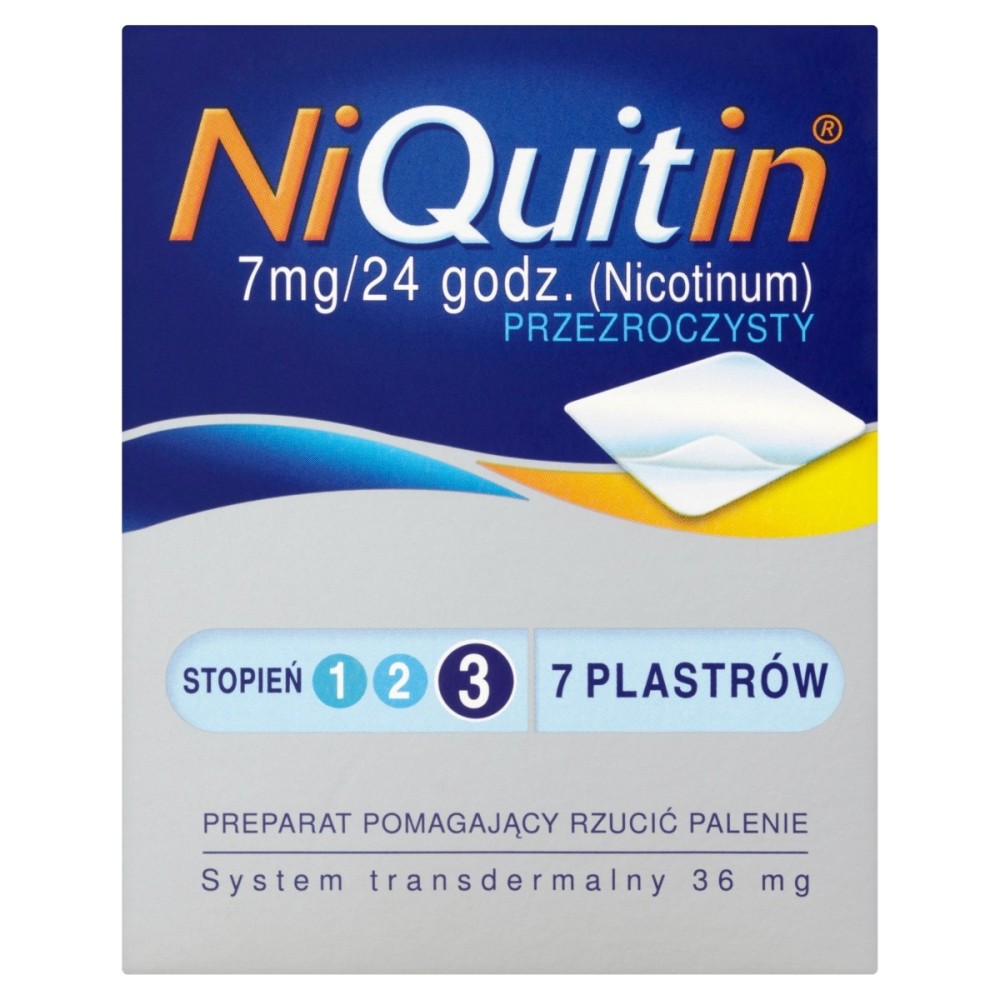 NiQuitin 7 mg/24 h Przezroczysty Preparat pomagający rzucić palenie stopień 3 7 plastrów