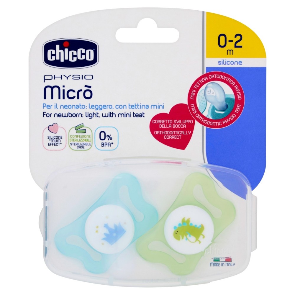 Chicco Physio Micro Smoczek do uspokajania silikonowy niebieski 0-2 m 2 sztuki