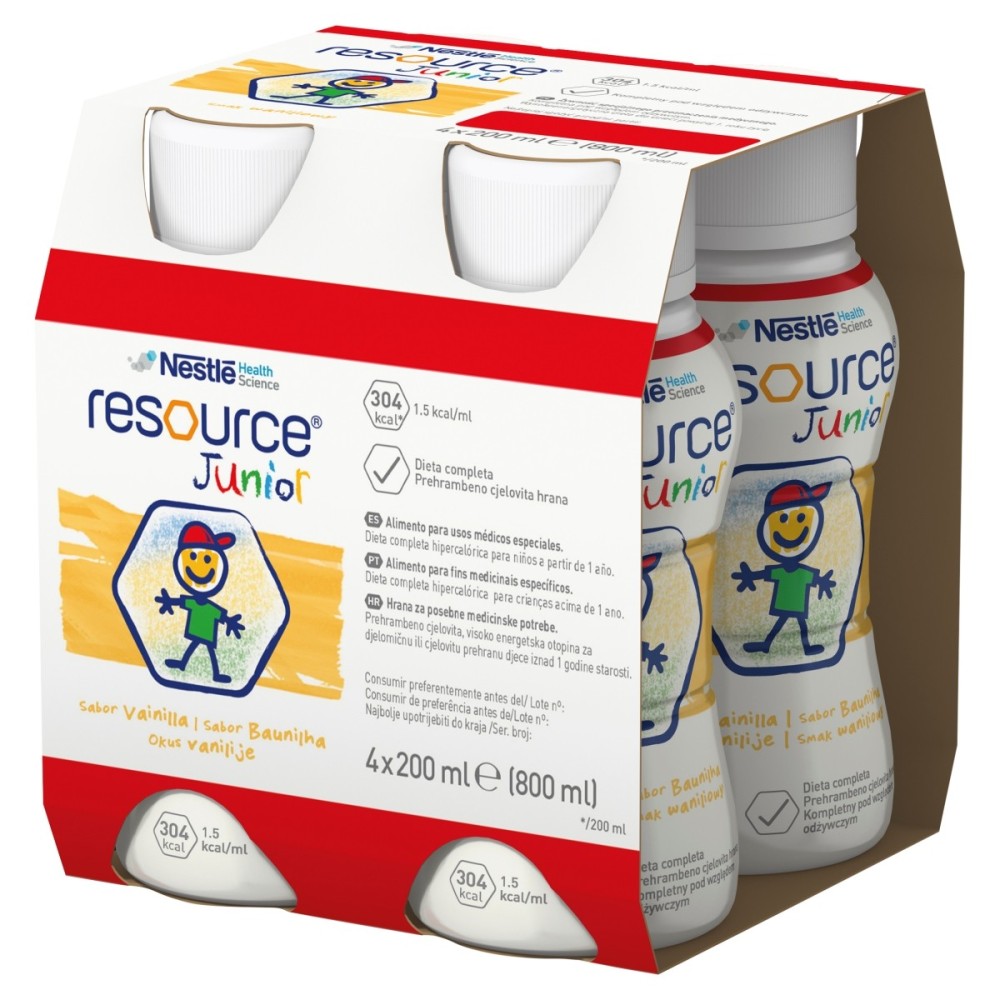 Nestlé Resource Junior Flüssiges Nahrungspräparat für Kinder, Vanillegeschmack 800 ml (4 x 200 ml)