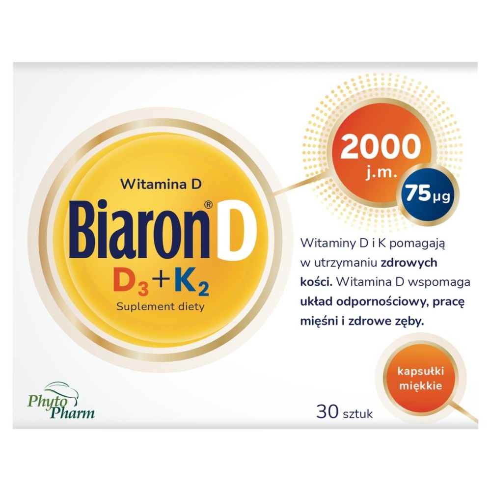Biaron D Doplněk stravy vitamín D D₃+K₂ měkké tobolky 30 kusů