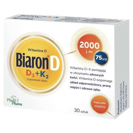 Biaron D Doplněk stravy vitamín D D₃+K₂ měkké tobolky 30 kusů
