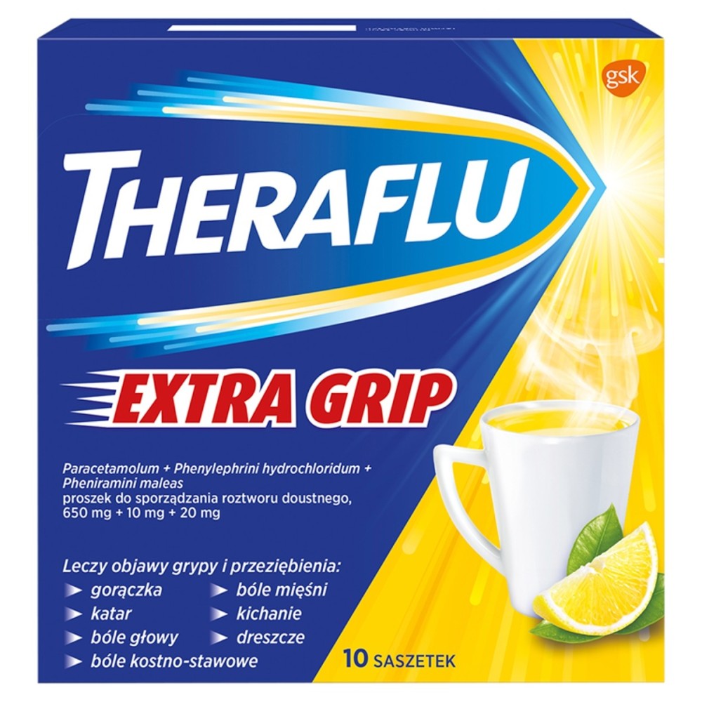 Theraflu Extra Grip 650 mg + 10 mg + 20 mg Lek wieloskładnikowy 10 sztuk