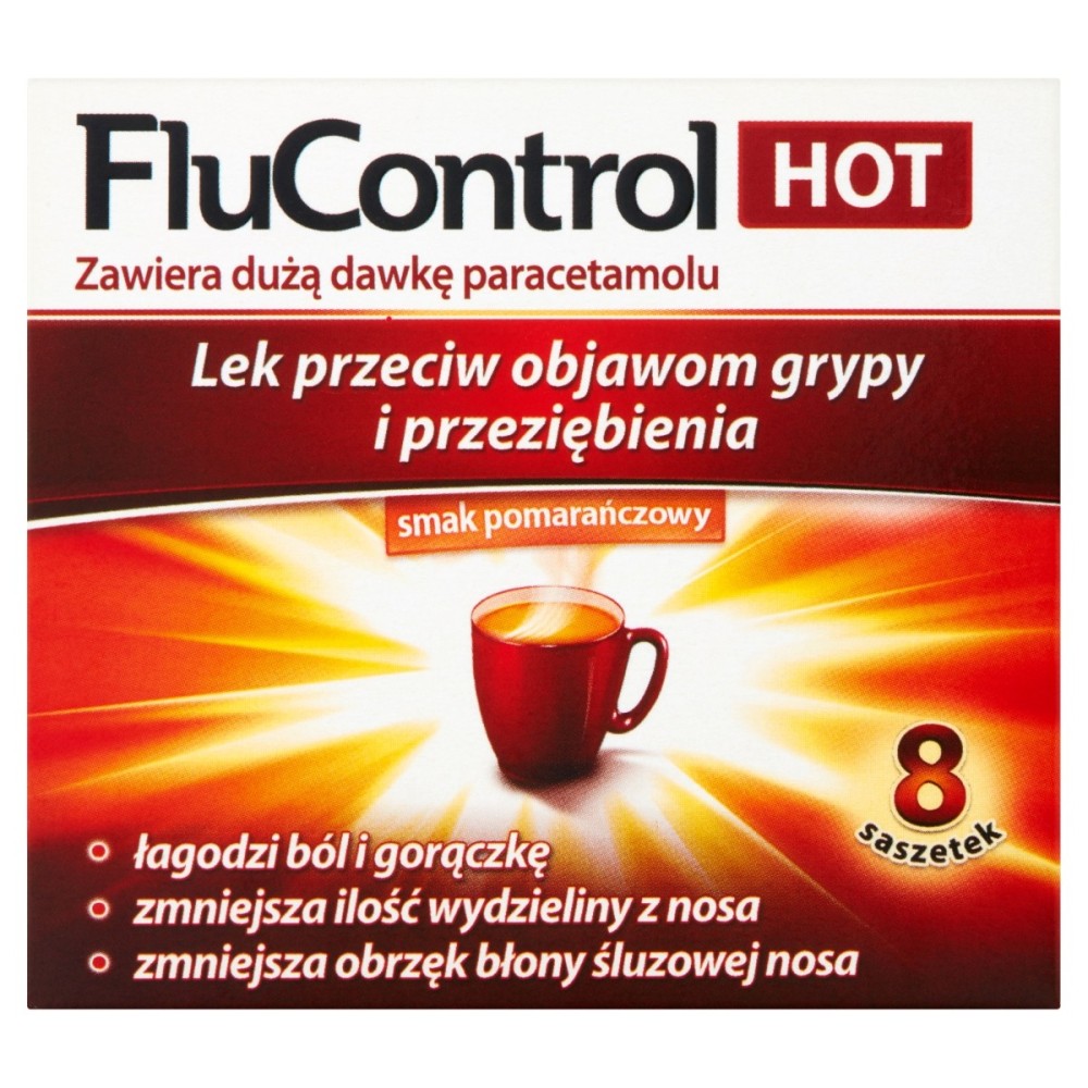 FluControl Hot Medicine contro i sintomi dell'influenza e del raffreddore, gusto arancia, 8 pezzi