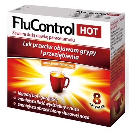FluControl Hot Lek przeciw objawom grypy i przeziębienia smak pomarańczowy 8 sztuk