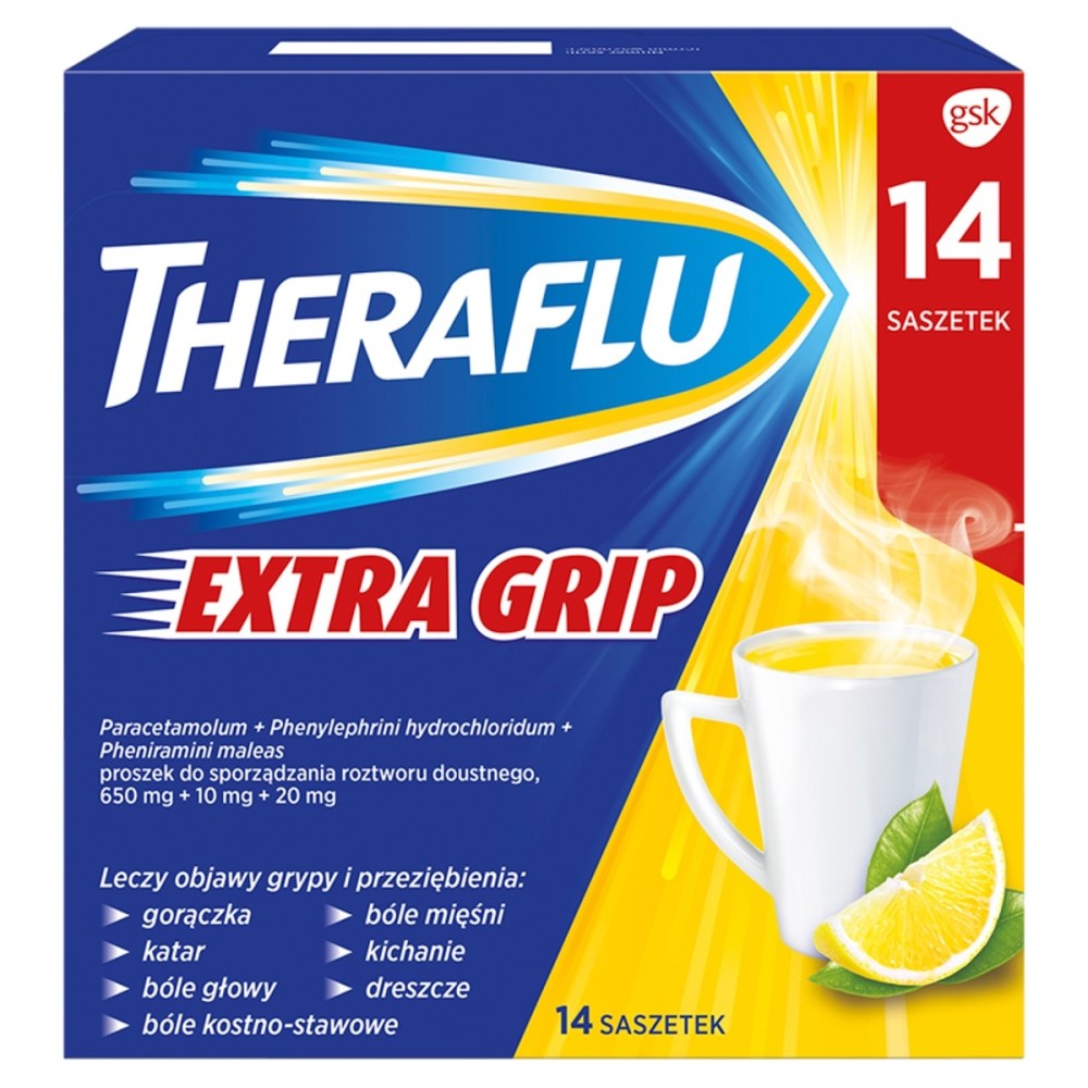 Theraflu Extra Grip 650 mg + 10 mg + 20 mg Lek wieloskładnikowy 14 sztuk