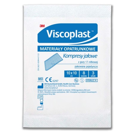 Viscoplast Sterile gauze compresses made of cotton gauze, 17-thread, 8 layers, 10 cm x 10 cm, 3 pieces